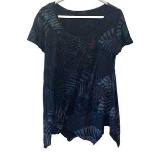 Fresh Produce Asymmetrical Shirt Black Tropical Floral Tee USA Made Size Medium